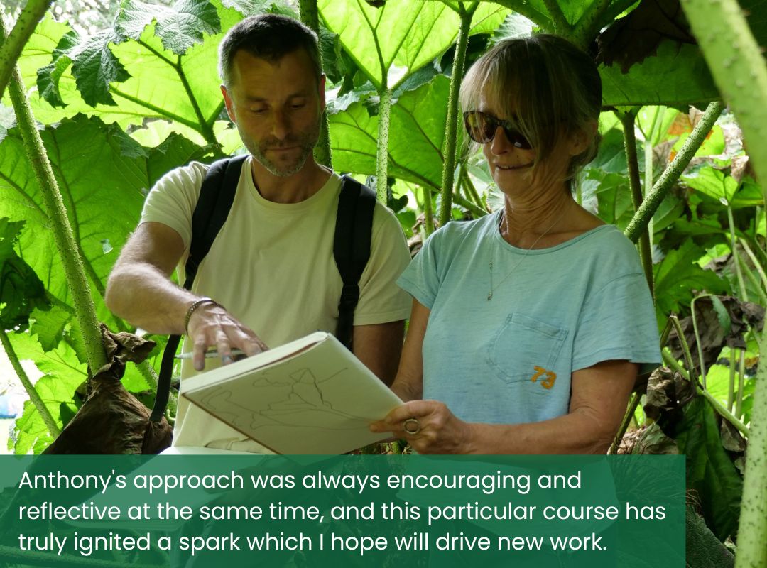 Anthony Garratt teaching art student in lush green gardens